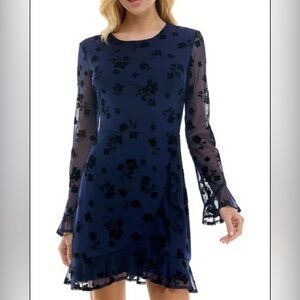NWT B Darlin Navy Black Floral Mesh Junior Ruffle Dress Women’s 5/6 Bell Sleeves